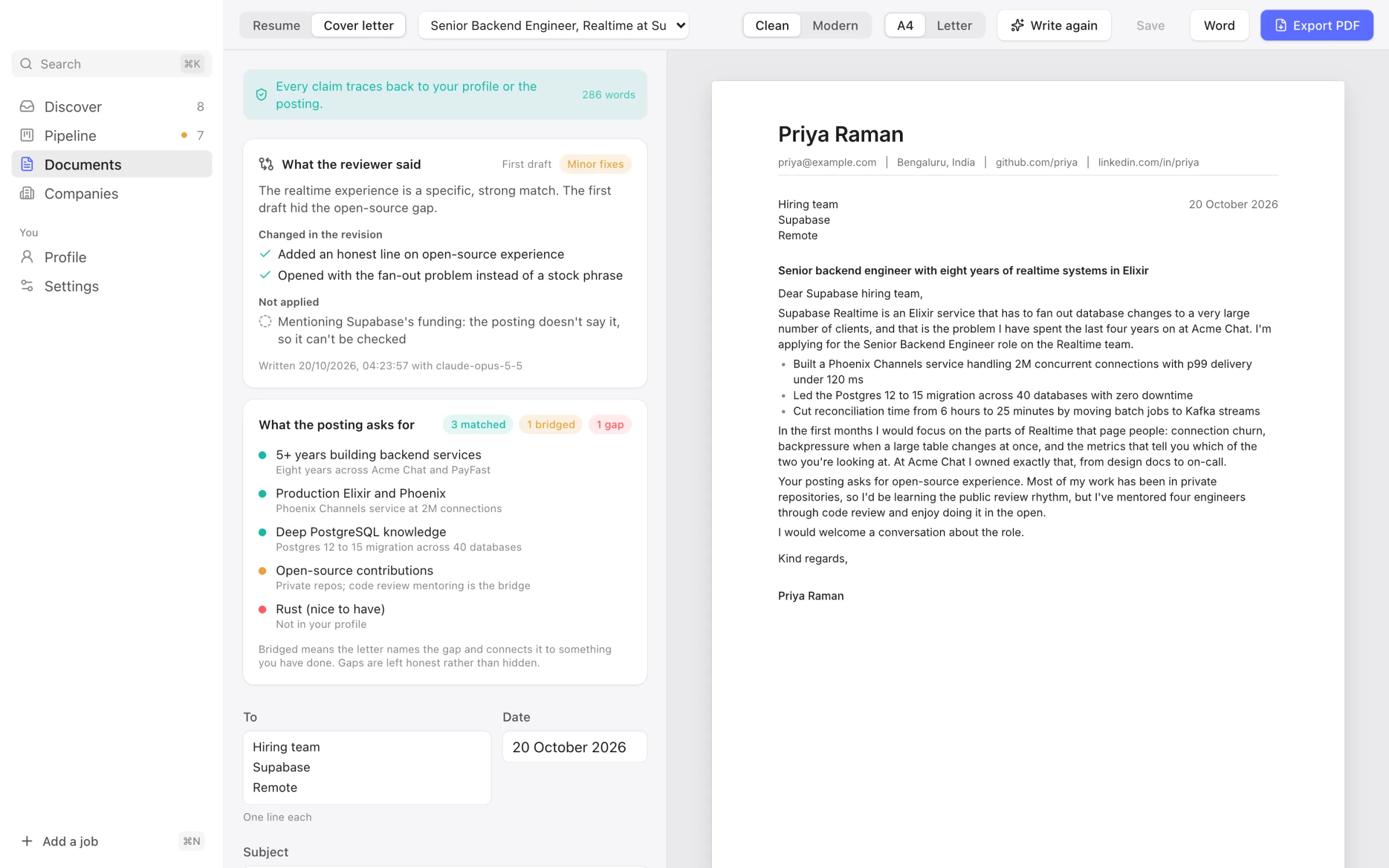 Cover letter screen: the reviewer's notes, the posting's requirements marked matched, bridged or gap, and a preview of the finished letter
