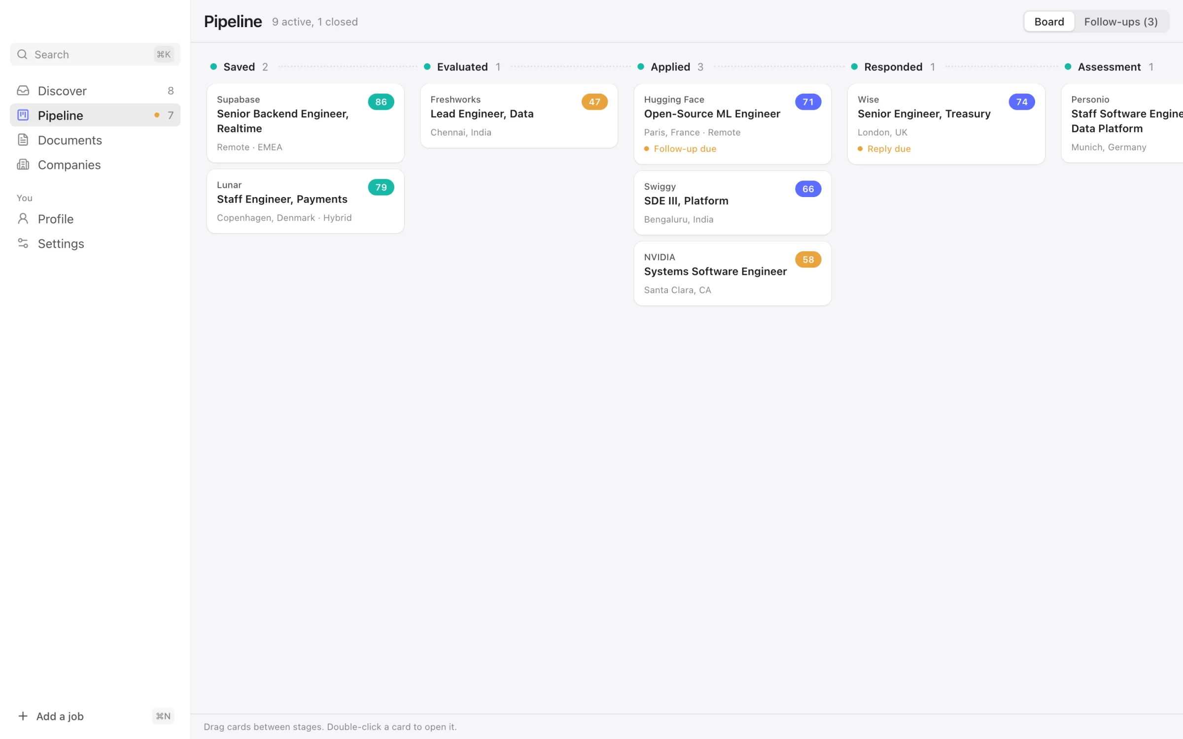 Pipeline board with columns from Saved to Hired