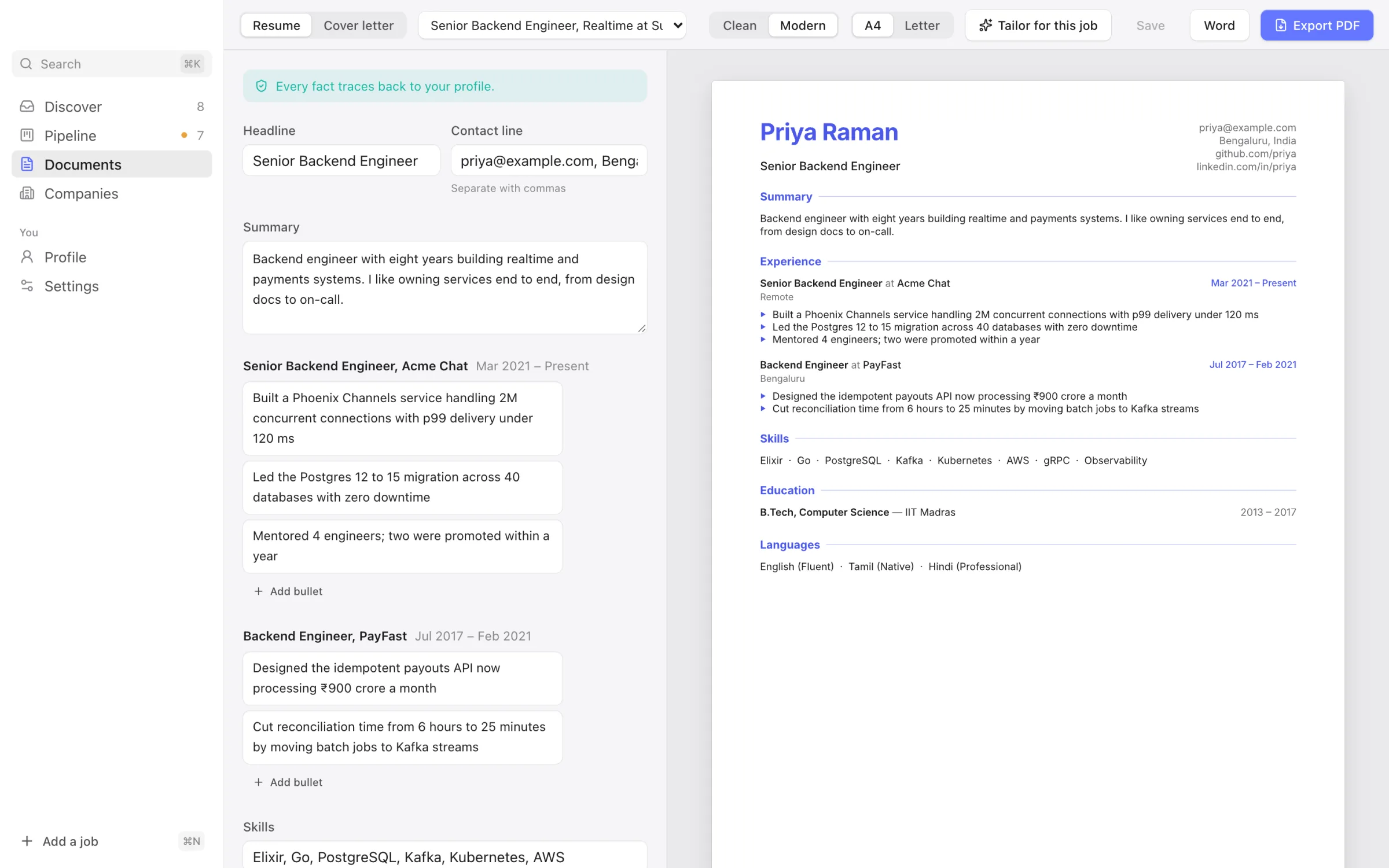 Resume Studio: an editor on the left and a live preview of a tailored resume on the right, with a banner saying every fact traces back to the profile